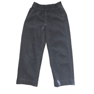 American Eagle Black Denim Wide Leg Flare Jeans Size 4S Short Baggy Stretchy